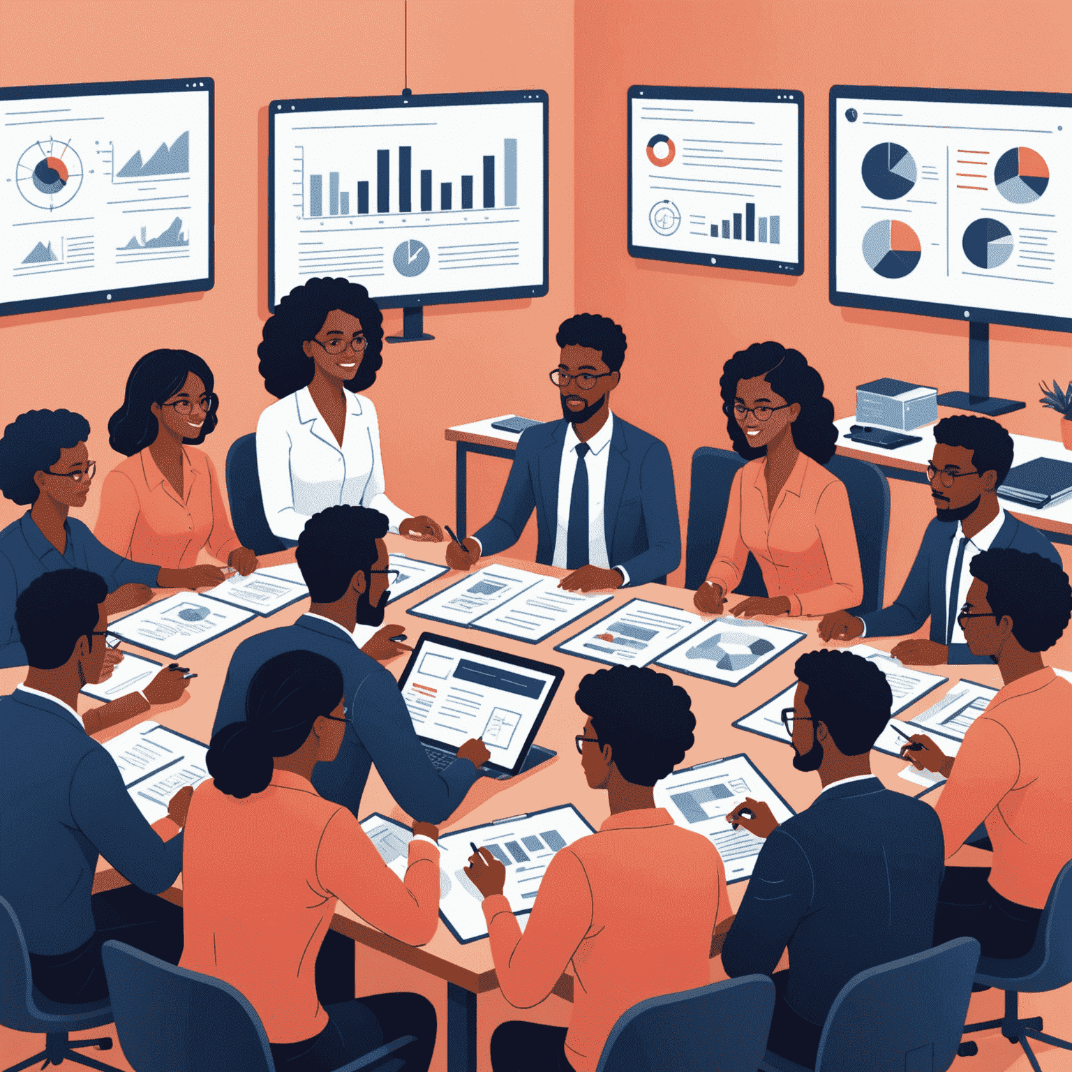A hand-drawn illustration showing a diverse group of professionals engaged in various training activities, such as presenting, brainstorming, and collaborating. The image uses coral and navy colors to match the website's theme.