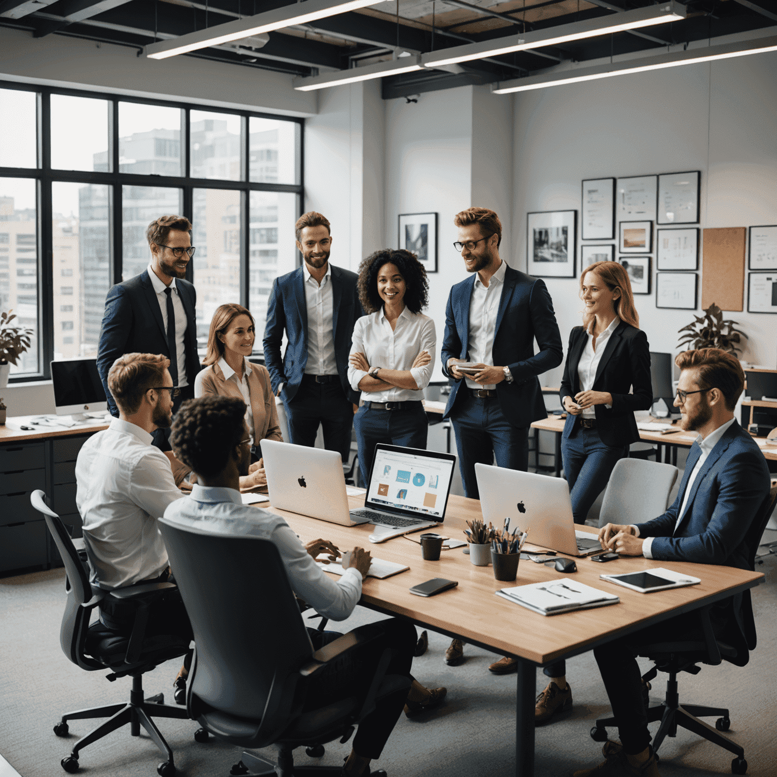 A diverse group of professionals collaborating in a modern office setting, showcasing teamwork and technology use