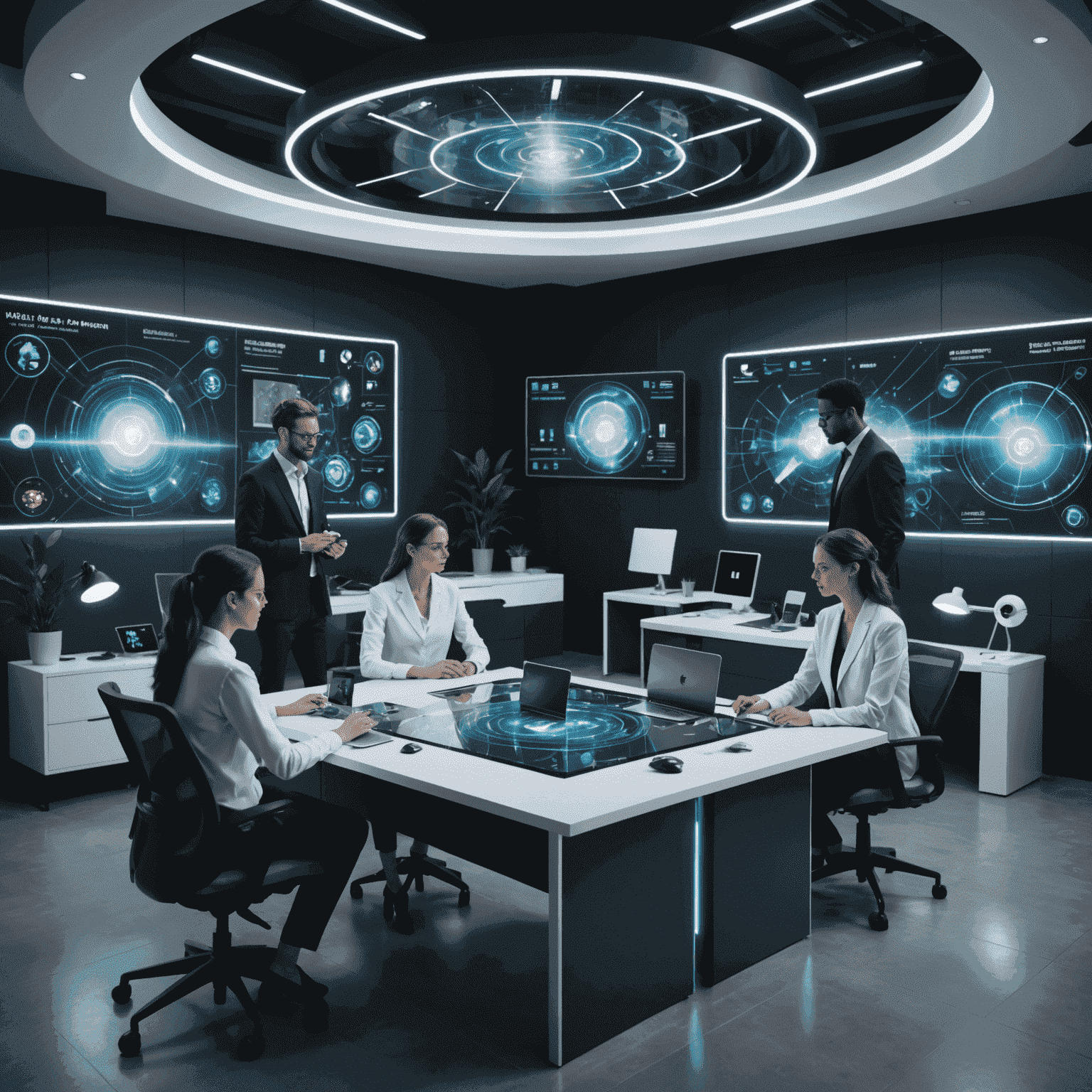 A futuristic office setting with AI-powered holographic displays and professionals collaborating with AI assistants