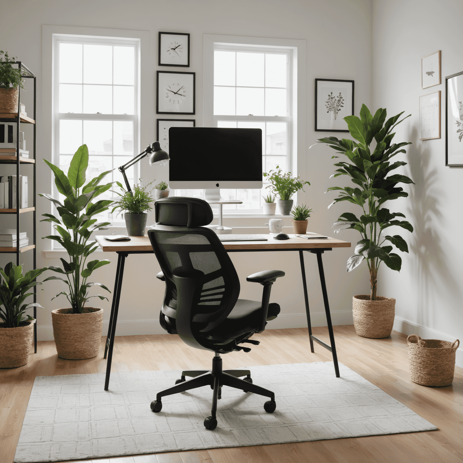 A professional working remotely at a well-organized home office setup, with a laptop, second monitor, and ergonomic chair. The image shows a bright, clean space with plants and a calendar visible, emphasizing work-life balance.