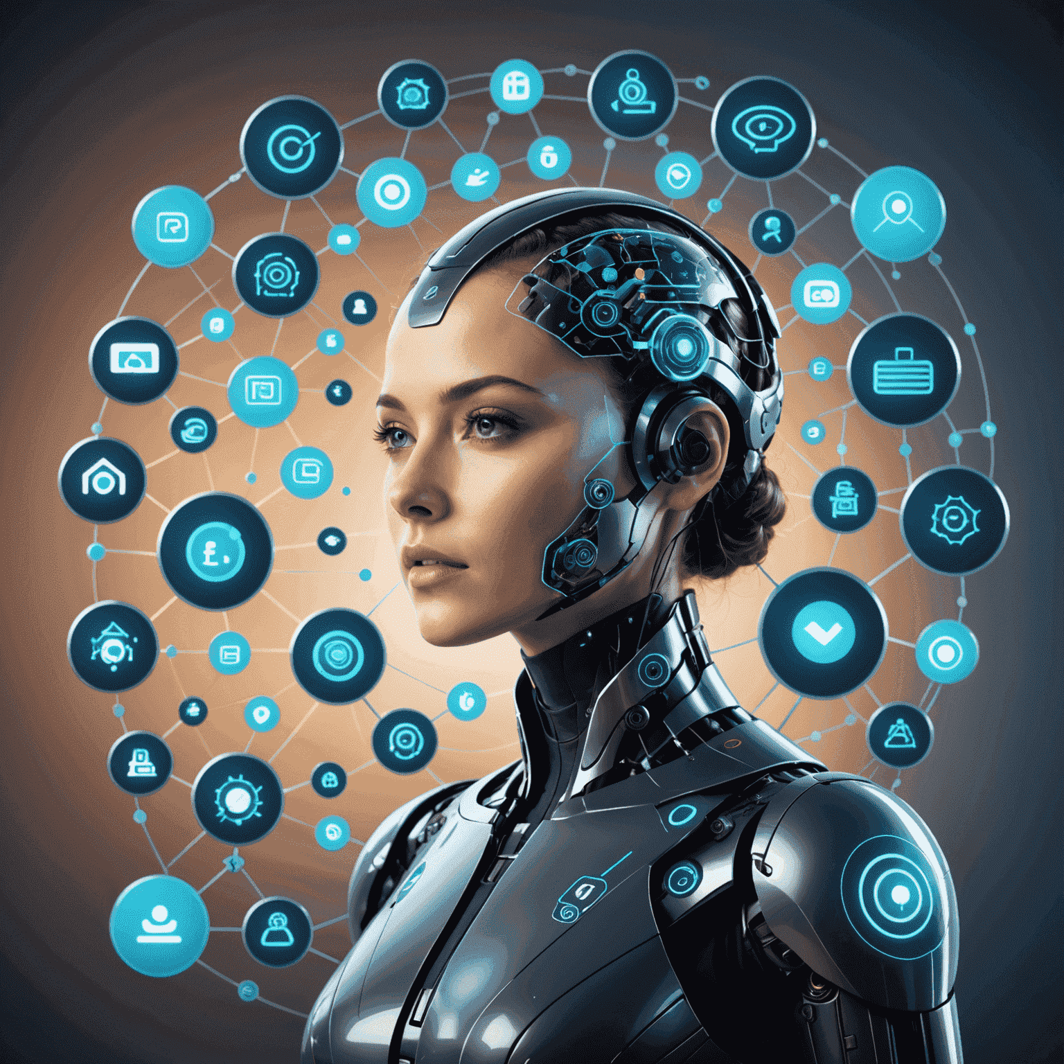 Futuristic illustration of AI interacting with various professional service icons