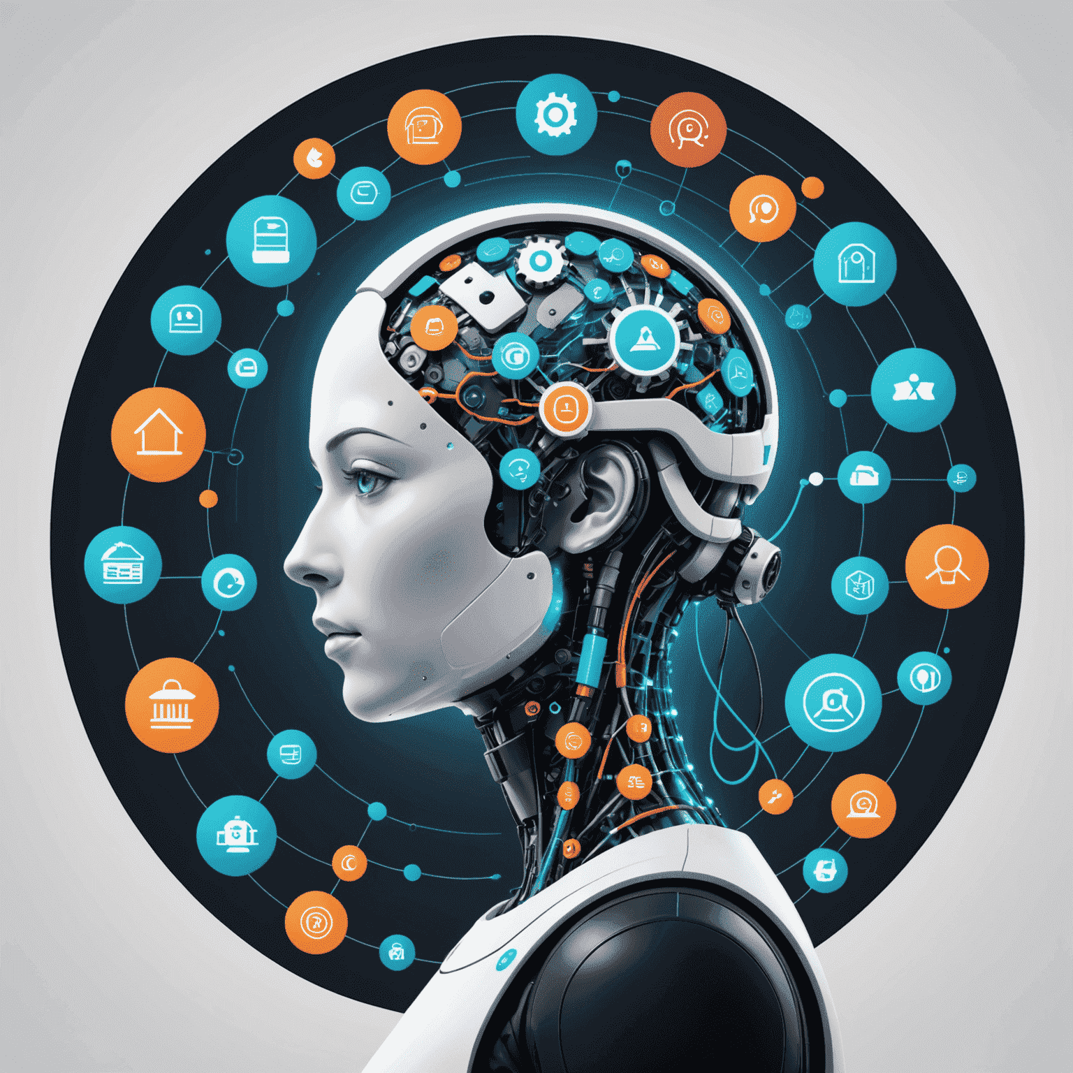 Futuristic illustration of AI interacting with various professional service icons