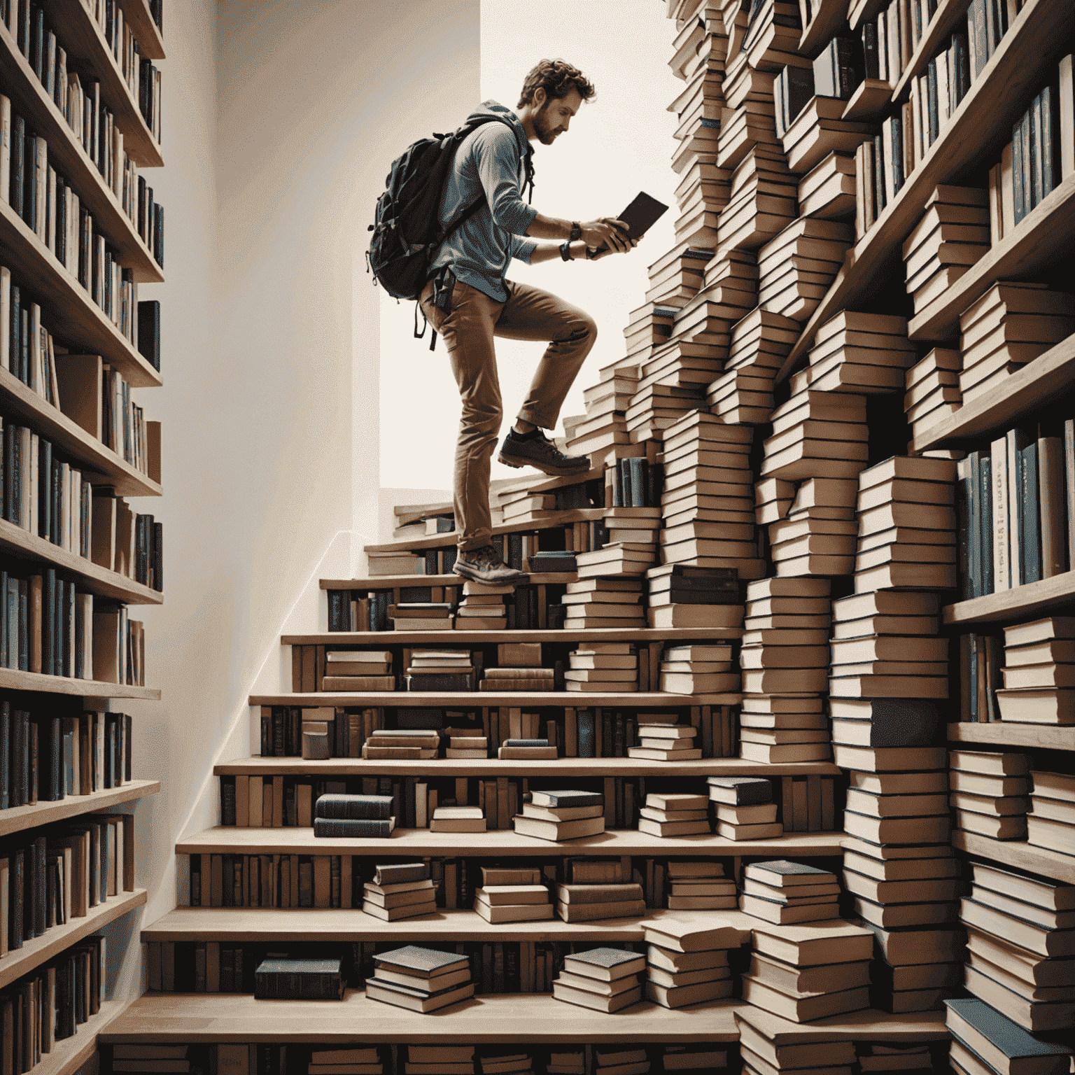 Illustration of a professional climbing a staircase made of books and digital devices